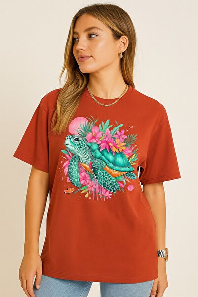 ocke Kaplumba Printed Loose Cut Oversize Off Shoulder T-Shirt