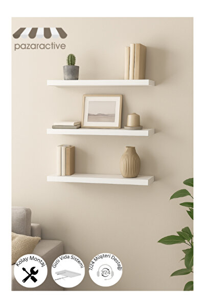 PAZARACTİVE Beyaz 3’lü Uçan Duvar Rafı Seti 50x15 Cm | Salon, Mutfak, Kitaplık Raf