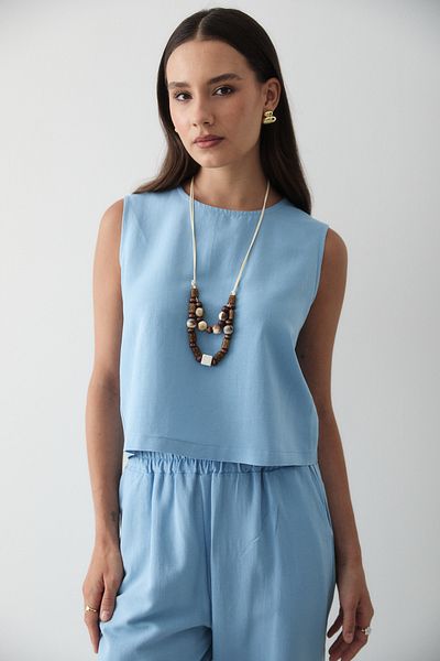 JASTE Women's Blue Necklace Detailed Blouse & Elastic Waist Trousers Linen Suit