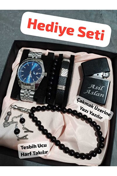 Brality Özel Kutulu Hediyelik Çakmaklı Erkek Kombin Saat Seti ( 5 Parça'lı Aksesuar)- 6044