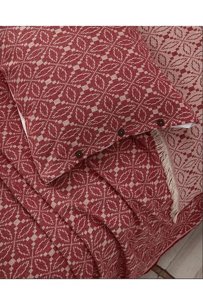Cottonest Red-Ecru Jacquard Patterned Fringed Bedspread Set with Two Pillows