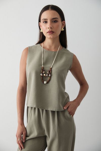 JASTE Women's Khaki Necklace Detailed Blouse & Elastic Waist Pants Linen Suit
