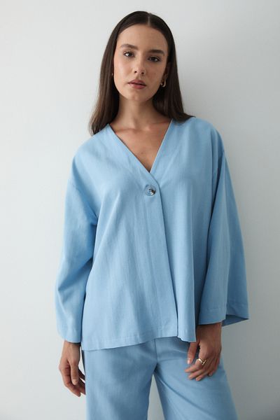 JASTE Women's Buttoned V-Neck Kimono & Elastic Waist Trousers Linen Set