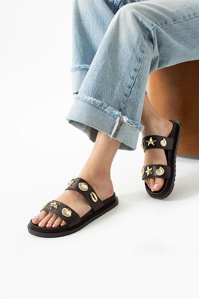 diclepolat Joke Brown Matte Star Buckle Detailed Double Tape Flat Sole Women's Slippers