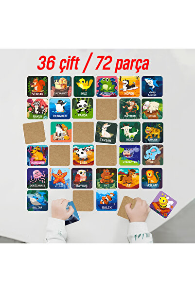 kutuTR Ahşap Zeka Kartı Eşleştirme Oyunu 72 Parça Sevimli Hayvanlar Türkçe Ka...