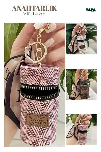 TATA CRAFT Pink Mini Luxury Wallet Keychain Makeup with Vintage Scarf - Pink