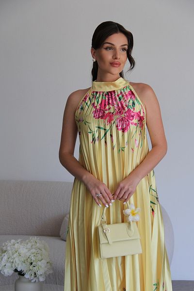 Julidress Yellow Pleated Neck Tie-Up Rose Pattern Satin Dress
