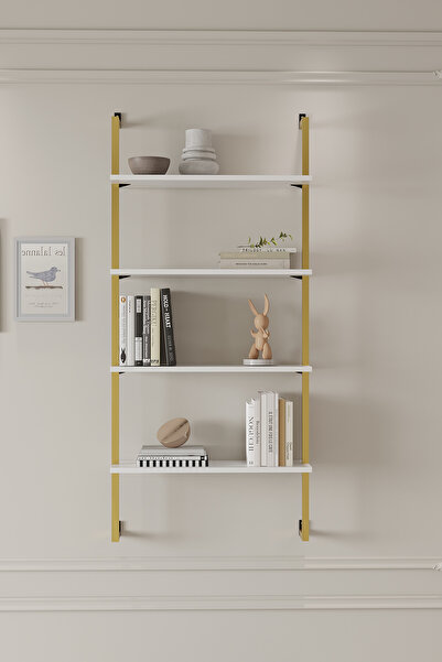 Euromob 4 Raflı Beyaz Kitaplık | Gold Profil | Dekoratif Duvar Rafı | 60x20 Ebatında Ahşap