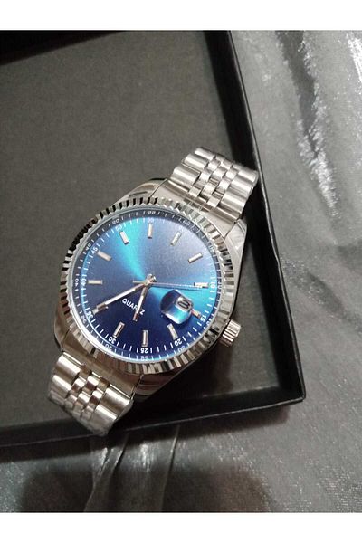 Brality Waterproof - Steel Cord Men's Wristwatch - Silver Gold Color - Inner Dial Navy Blue - with Calendar - 6044