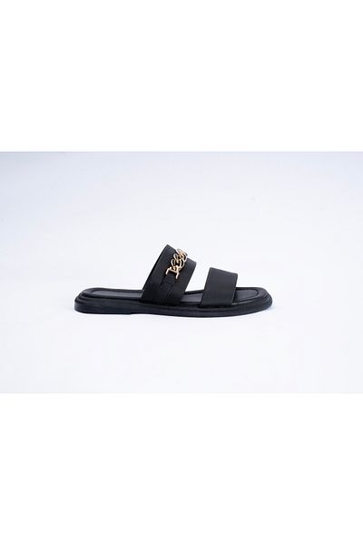 innsteal Eleorachain Black Chain Detailed Women's Thick Banded Flat Slippers Comfortable Summer Model