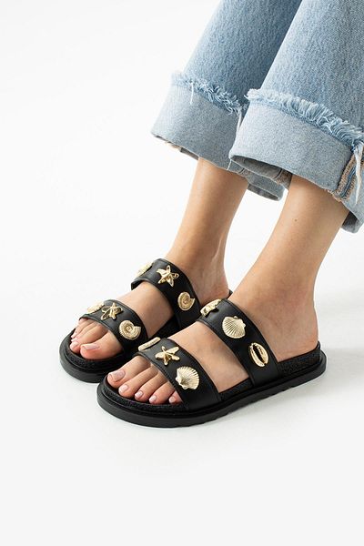 diclepolat Joke Black Matte Star Buckle Detailed Double Tape Flat Sole Women's Slippers