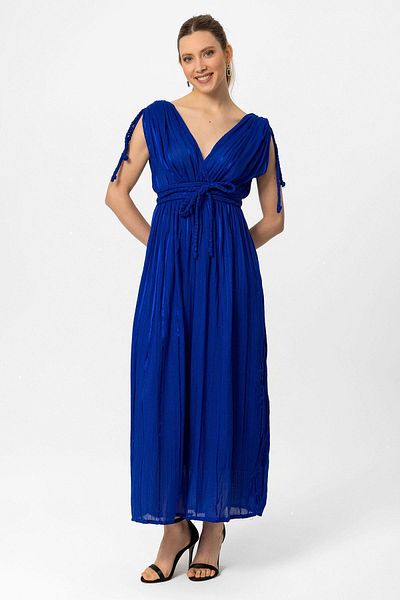 Deriderim Midnight Blue Helen Hair Braid Λεπτομερές λουράκι με ελαστική φόδρα στη μέση Βραδινό φόρεμα μακρύ φόρεμα