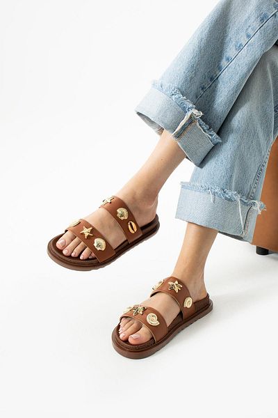 diclepolat Joke Tan Matte Star Buckle Detailed Double Tape Flat Sole Women's Slippers