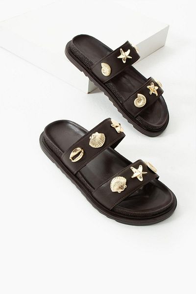 diclepolat Joke Brown Matte Star Buckle Detailed Double Tape Flat Sole Women's Slippers