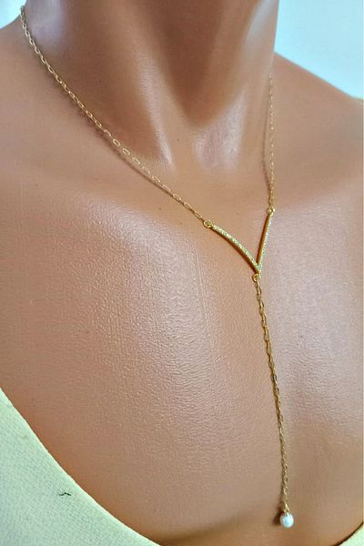 mos&more Gold Y Necklace with Stainless Steel Pearl