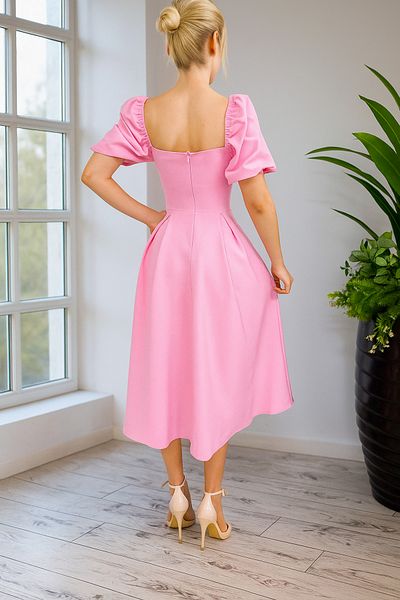 Ceylen Balloon Sleeve Skirt Pleated Midi Dress with Neckline and Sleeve Hem Elastic