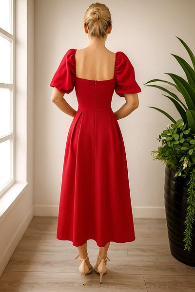 Ceylen Balloon Sleeve Skirt Pleated Midi Dress with Neckline and Sleeve Hem Elastic