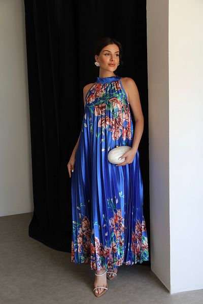Julidress Blue Pleated Neck Tie-Up Rose Pattern Satin Dress