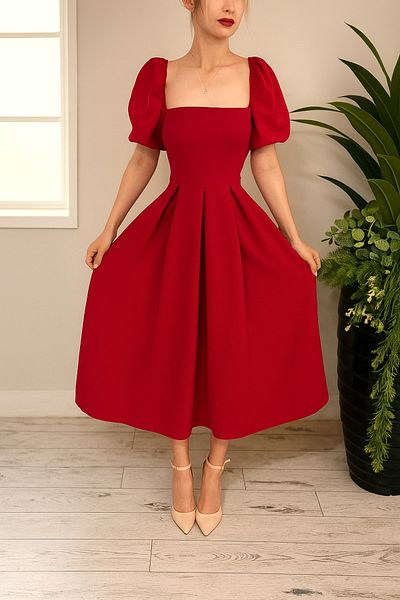 Ceylen Balloon Sleeve Skirt Pleated Midi Dress with Neckline and Sleeve Hem Elastic