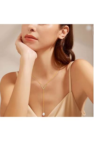 mos&more Gold Y Necklace with Stainless Steel Pearl