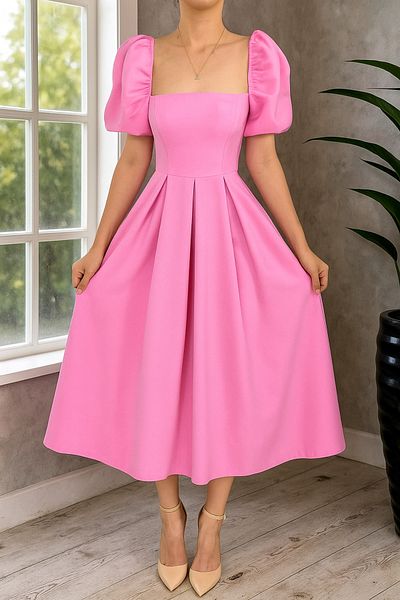 Ceylen Balloon Sleeve Skirt Pleated Midi Dress with Neckline and Sleeve Hem Elastic