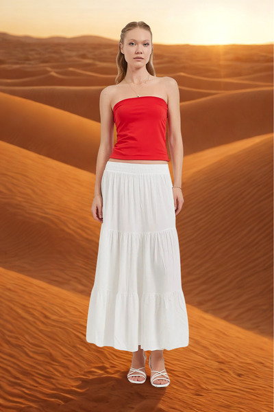 Arma Life Women's Piece White Flared Long Skirt with Elastic Waist