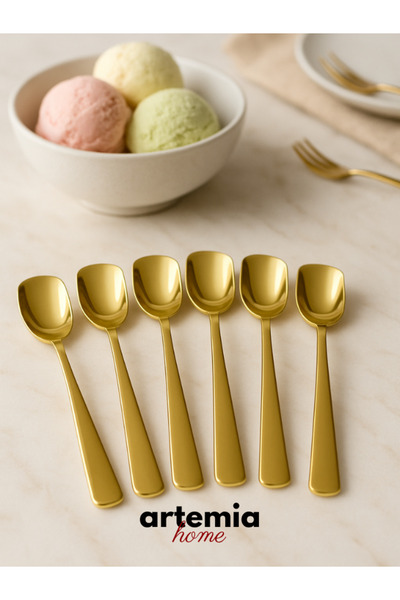 DMR LİFE Osiris Set of 6 Ice Cream Dessert Spoons | Shiny Gold | 18/10 Stainless Steel | Luxury Design