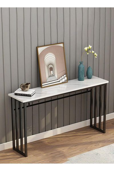 AGD Entryway Console Table, Narrow Sofa Table with Marble Design, for Entryway and Living Room 100x30x80cm, White