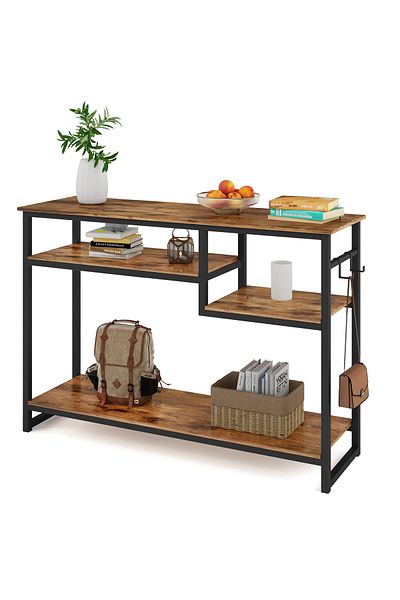AGD Side Entry Table for Living Room and Office, Console Table with 4-Tier Storage Shelves 120*30*90cm