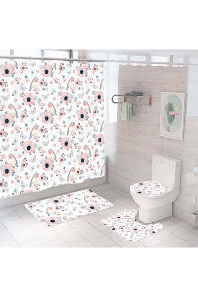Ella Home 4 Piece Bathroom Set, Lid Cover, Toilet Mat, Bath Mat, Shower Curtain, Flower Pattern