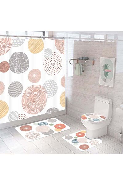 Ella Home Italia 4 Piece Bathroom Set, Lid Cover, Toilet Mat, Bath Mat, Shower Curtain, Orange Circle Pattern