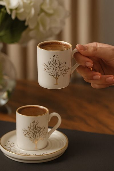 LUMİNA Gold Gilded 4 Piece 2 Person Tree of Life Porcelain Set of 2 Cups 100 ml
