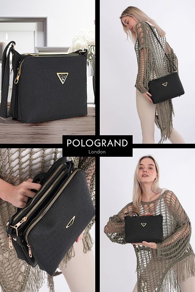 POLOGRAND London Geantă de umăr neagră, originală, cu 3 compartimente, din piele moale, model elegant, cu curea încrucișată reglabilă