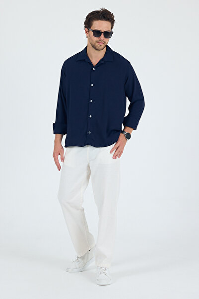 SKYMOOD Лляна тканина Oversize чоловіча сорочка синя довгі рукави