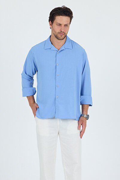 PENGORA Linen Textured Oversized Men's Shirt Light Blue