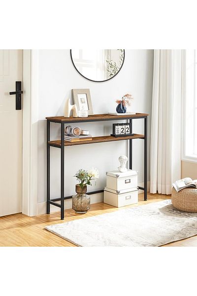 AGD Console Table 100 x 30 x 90 cm, Slim Sofa Table, Side Coffee Table with 2-Tier Storage Shelf