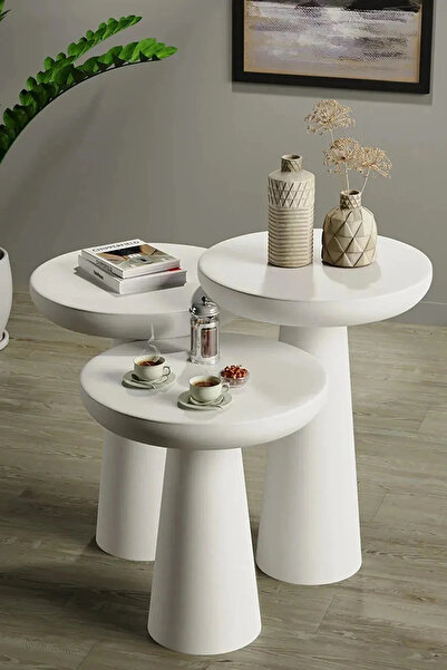 Royal Wood Store Yeni Ahşap Üst Kalite Beyaz 3'lü Mantar Mushroom Yan Zigon S...