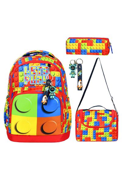 Bodmar Çanta Since 2023 Puzzle Patterned Triple Boy's Primary School School Bag Set (Bag Thermal Lunch Bag Pen Holder)