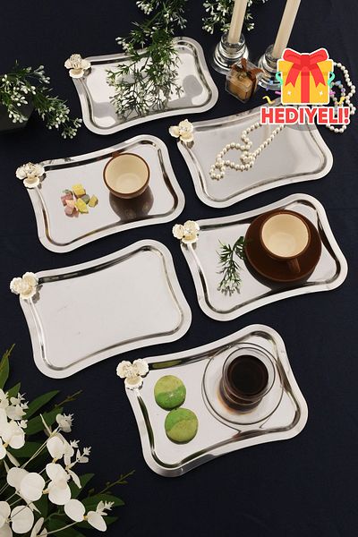 AKSESUAR EVRENİ Naldo Italian Model Silver Stone Detailed 6-Piece Presentation Tray Silver