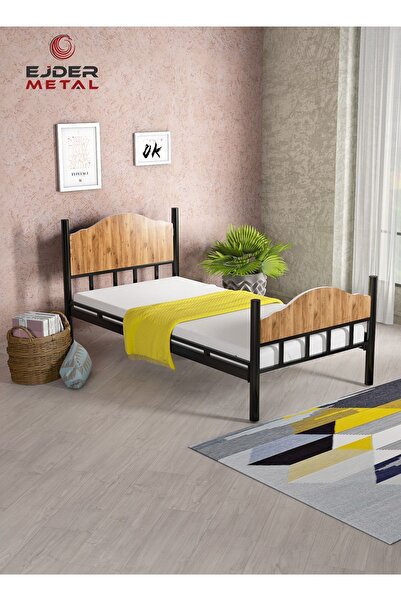 Ejder metal Tek Kişilk Ahşaplı Metal Karyola Ceviz (YATAKSIZ)