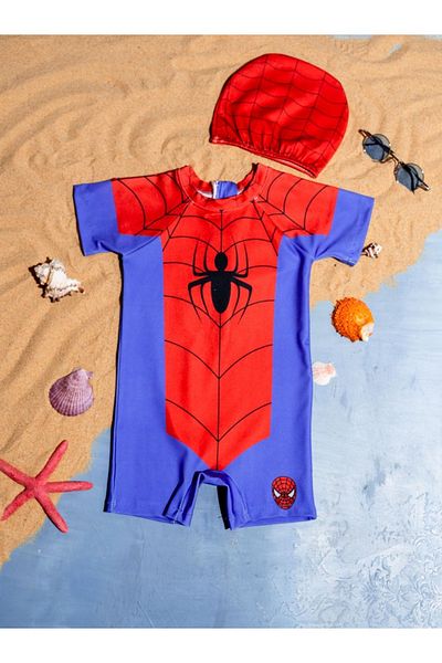Lyrax Costum de baie pentru băiat cu model Spiderman, cu șapcă (set de 2)