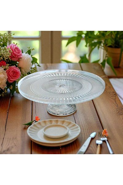 Noah Exclusive 24 cm Glass Footed Presentation Plate - Footed Glass Cake - Pastry Serving Plate