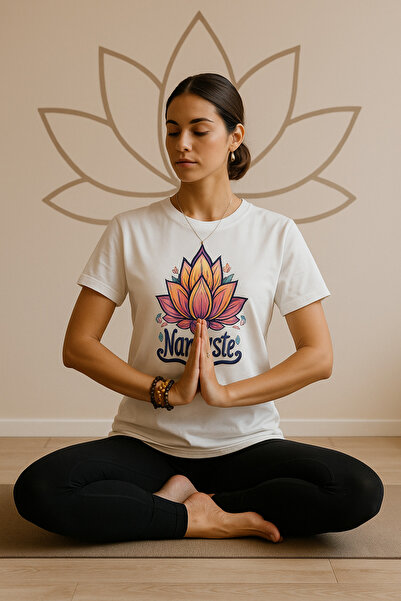 ocke تي شيرت أبيض مطبوع عليه اليوغا / أكمام قصيرة مطبوعة ناماستي / يوجيني كبي...
