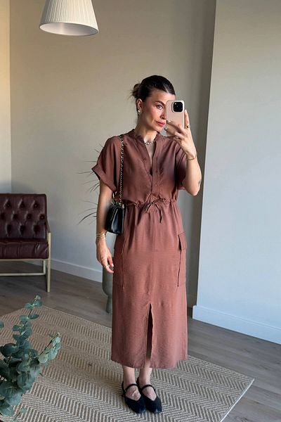 Sue Store Light Brown Shirt Dress with Chief Collar and Lace-up Waist Slit