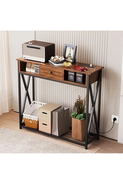 AGD Modern Entry Coffee Table 100×30×90cm with Storage Shelf and Power Outlet, Side Table for Living R