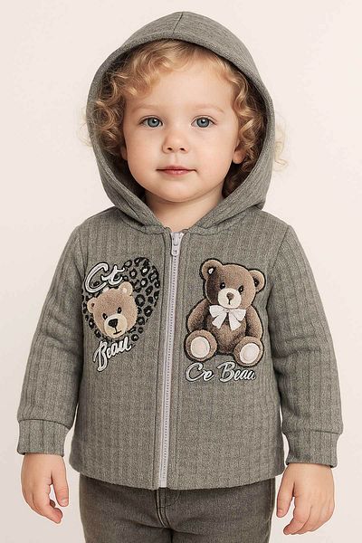 Peki Baby 5 Add 4 Pay Kids Girls Cute Bear Teddy Bear Printed Hooded Zippered Cardigan Top 13685