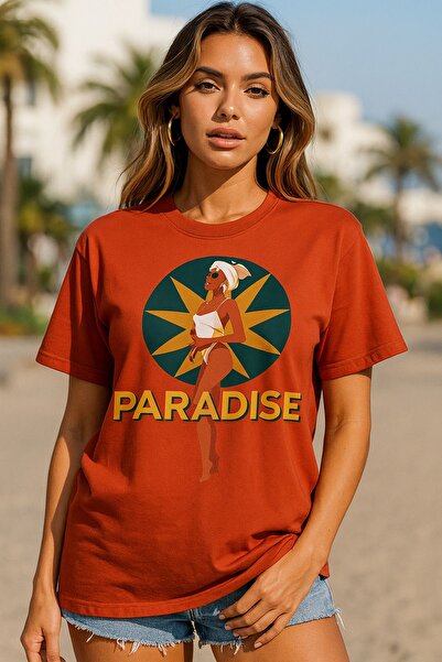 ocke Paradise Printed Loose Cut Oversize Off Shoulder T-Shirt Claret Red