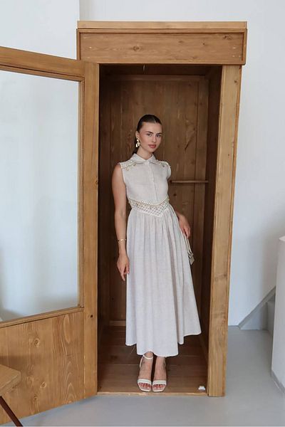 Neşeli Butik γυναικείο αξεσουάρ λινό φόρεμα με λεπτομέρεια μέσης NBNP007