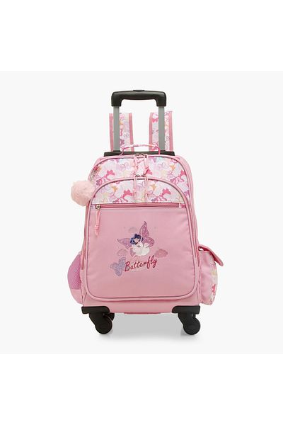 Juniors Butterfly Print Trolley Backpack with Retractable Handle and Zip Closure - 16 inches