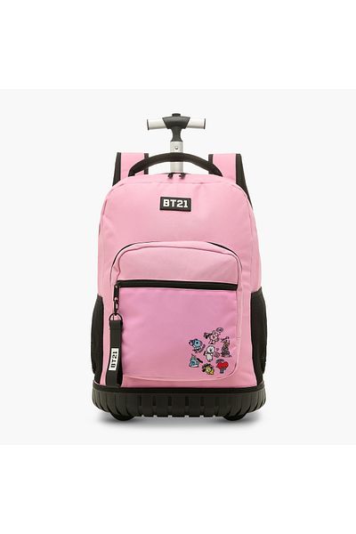 BT21 Printed Trolley Backpack with Retractable Handle and Zip Closure - 18 inches